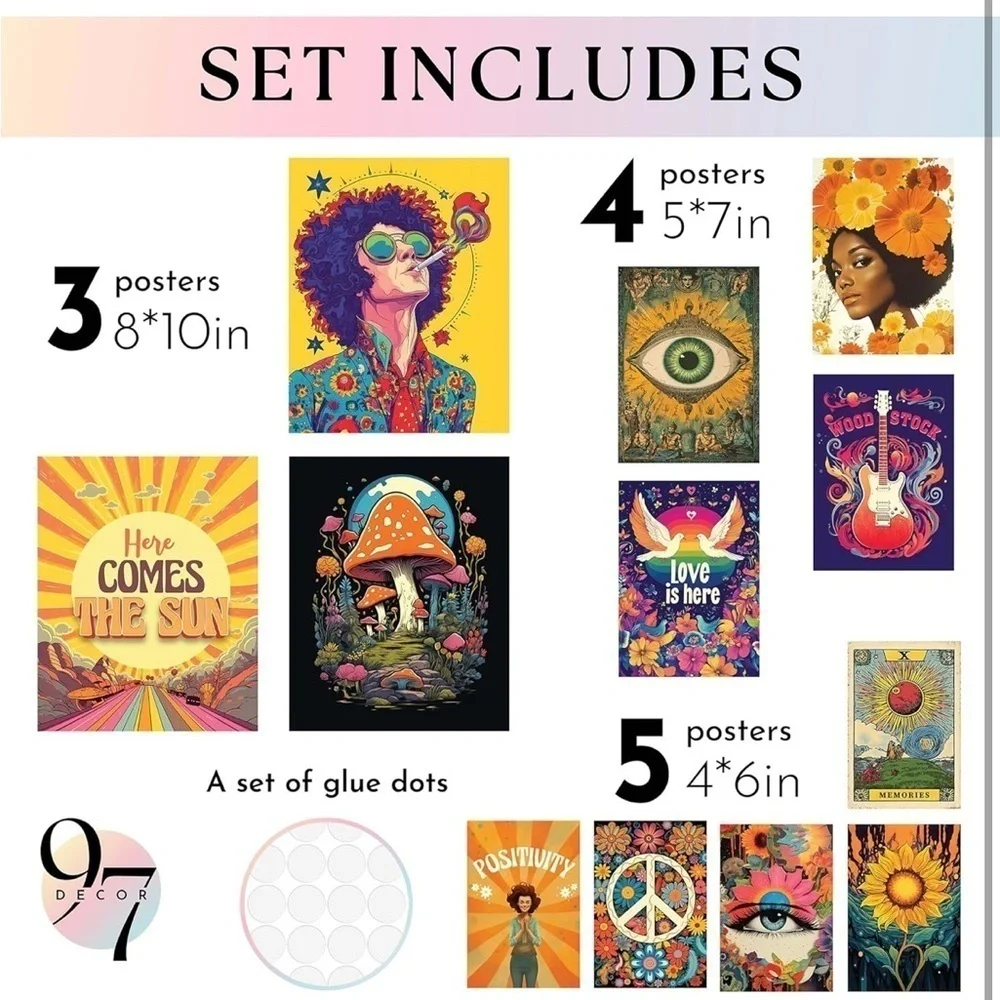 Brand New Boho Hippie Wall Art Decor Vintage Unframed Retro Groovy 70s Dorm